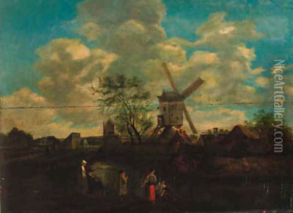 Peasants in a river landscape, a windmill beyond Oil Painting - Claes Hals