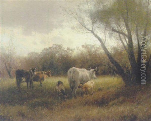 Jersey Cattle By The Trees Oil Painting - Hermann Herzog