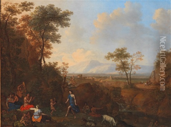 An Arcadian Landscape With Pan And Followers Of Silenus Oil Painting - Daniel Vertangen