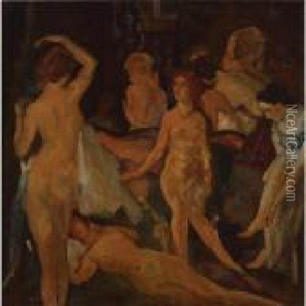 Women In An Interior Oil Painting - Arthur Bowen Davies