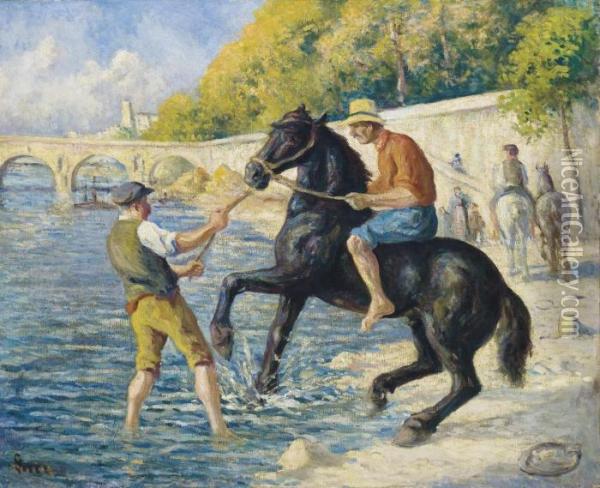 La Baignade Des Chevaux Dans La Seine, Vers Le Pont Marie Oil Painting - Maximilien Luce