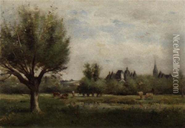 Weidelandschaft Mit Dorf Oil Painting - Charles Edmond Renault