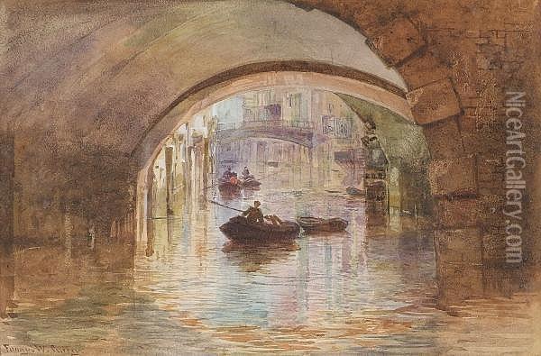 Venice Scene With Boatmen Under Arches Oil Painting - Fanny W. Currey