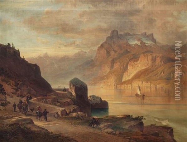 Blick Auf Den Vierwaldstattersee Mit Segelschiffen Und Urner Alpen Oil Painting - Josef Mayburger