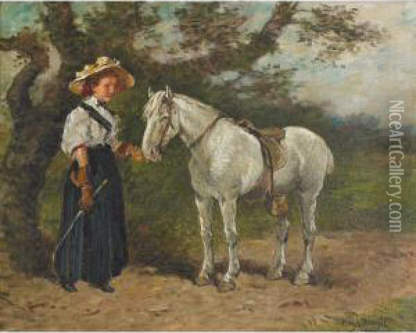 Young Woman With A White Horse Oil Painting - Hugh Newell