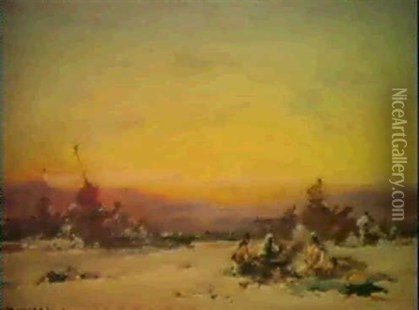 Halte De La Caravane Dans Le Desert Oil Painting - Henri Duvieux