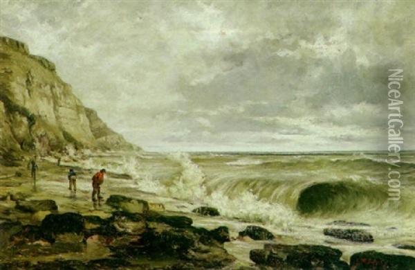 A Coastal Scene With Waves Breaking And Figures On The Shore Oil Painting - Jean Marius Rogier