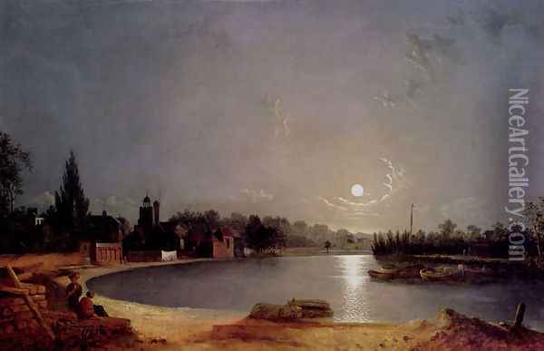 The Thames At Moonlight, Twickenham Oil Painting - Henry Pether