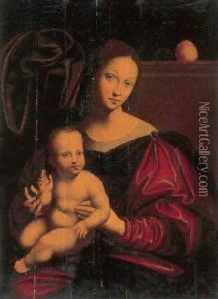 Virgin And Child With An Orange Oil Painting - Master Of The Half-Length Figures