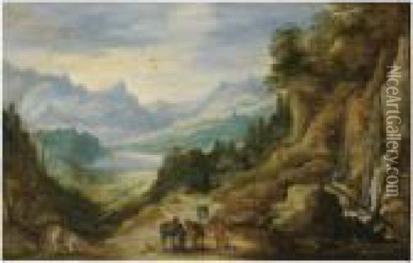 A Distant Mountainous Landscape With Cavaliers Oil Painting - Jan The Elder Brueghel