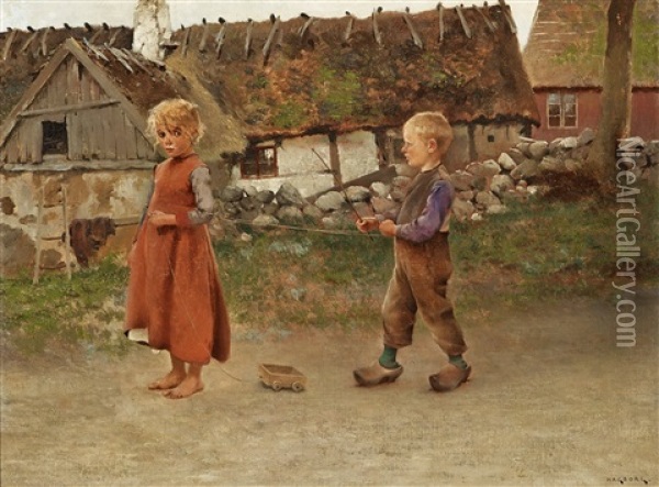 Child's Play Oil Painting - August Vilhelm Nikolaus Hagborg
