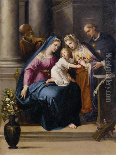 Sposalizio Di Santa Caterina, Con San Giuseppe E San Tommasod'aquino Oil Painting - Flaminio Allegrini