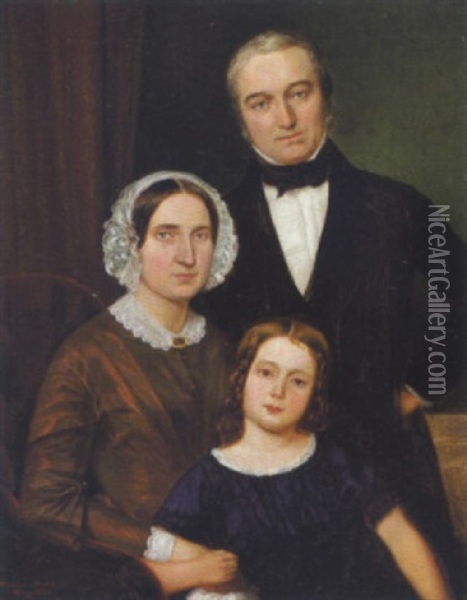Familieportraet Med Far, Mor Og Datter Oil Painting - Hermann Becker