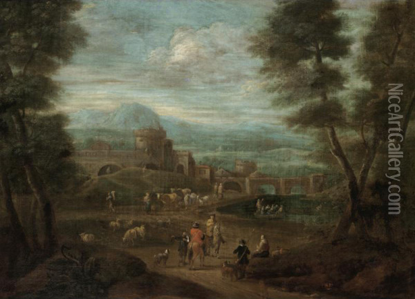 A River Landscape With Cavaliers Conversing In The Foreground, Classical Buildings Beyond Oil Painting - Adriaen Frans Boudewijns
