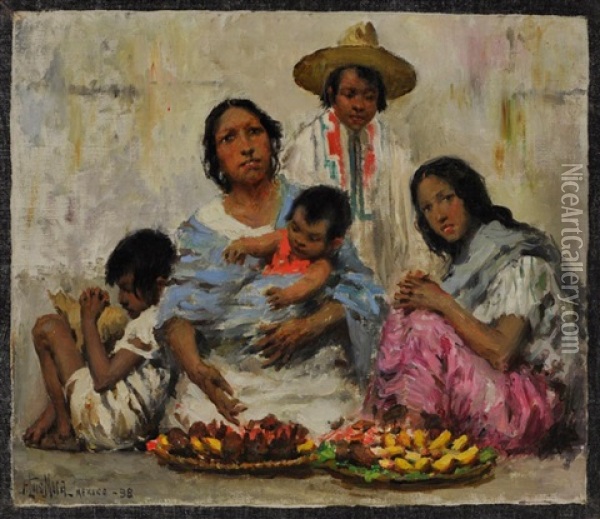 Mexican Family Oil Painting - Francis Luis Mora