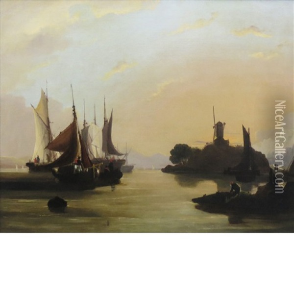 Ships In A Harbor Oil Painting - Frederick Calvert