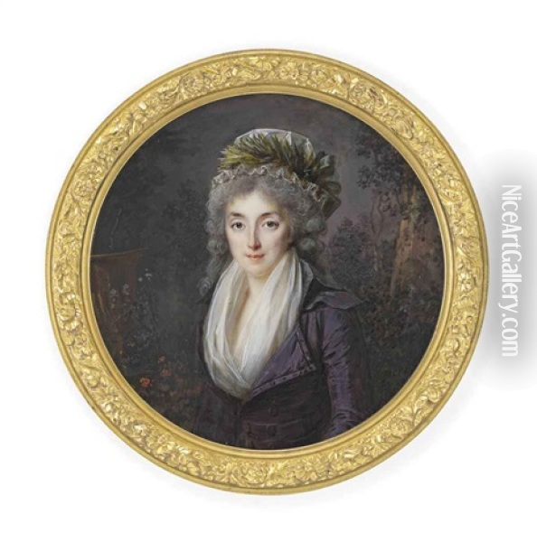 A Young Lady In A Landscape, In Mauve Double-breasted Coat, White Gauze Fichu, Wearing A White Cap Decorated With Green Plumes Oil Painting - Lie-Louis Perin-Salbreux
