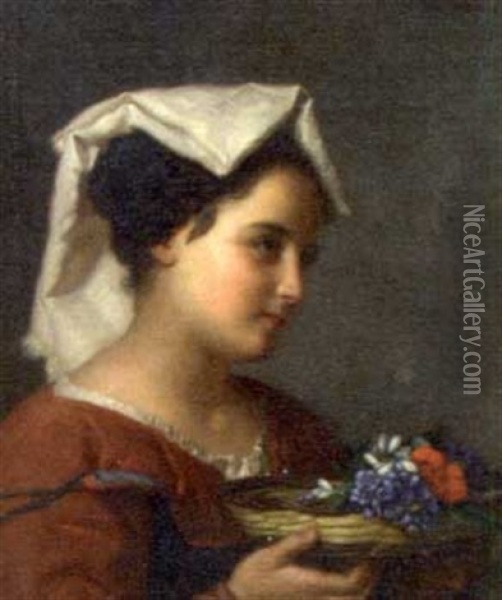 A Peasant Girl Witha Basket Of Flowers Oil Painting - Otto Donner von Richter