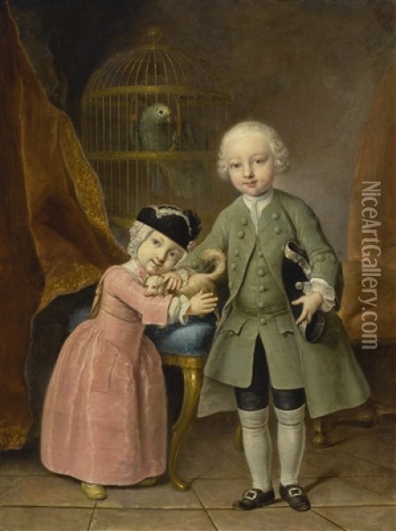 Portrait Of Two Children Standing In An Interior, With A Dog And Parrot Oil Painting - Antoine Pesne