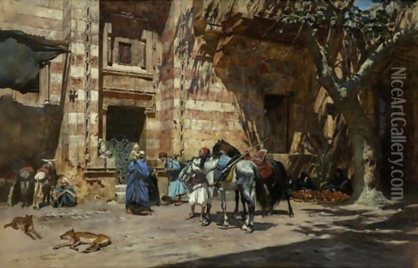 Halt At Tangiers Oil Painting - Frederick Arthur Bridgman