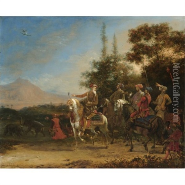 A Hawking Party, An Extensive Landscape Beyond Oil Painting - Willem Schellinks