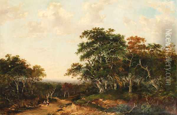 A wooded landscape with travellers on a path Oil Painting - Charlotte Nasmyth