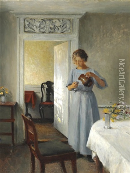 Young Girl In A Light Blue Dress Arranges Flowers Oil Painting - Peter Vilhelm Ilsted