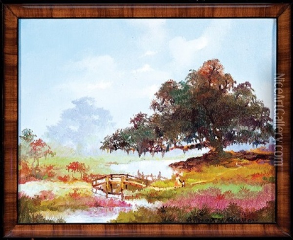 Louisiana Landscape With Live Oak, Bayou And Figures By A Bridge Oil Painting - Robert Malcolm Lloyd