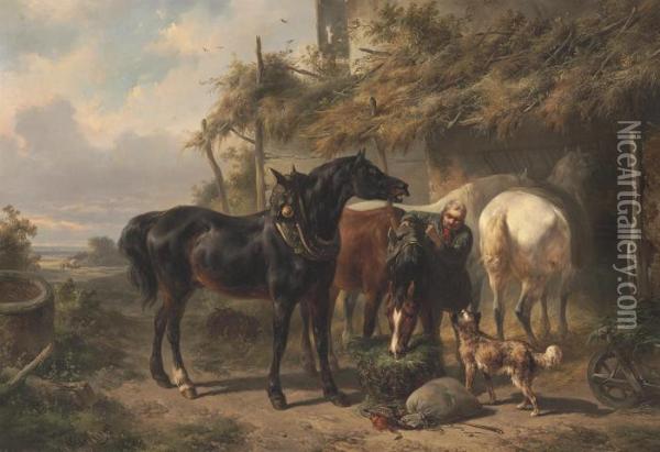 Horses Outside A Stable Oil Painting - Wouterus Verschuur