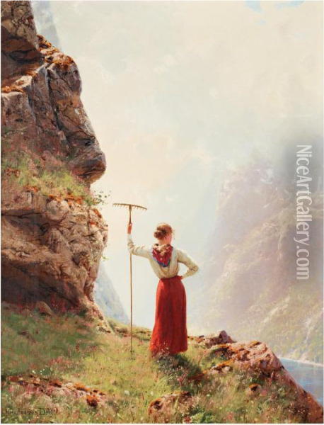 Flicka I Fjordlandskap Oil Painting - Hans Dahl