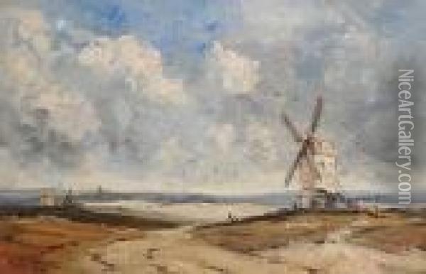 Beach Scene With Windmill Oil Painting - David Cox