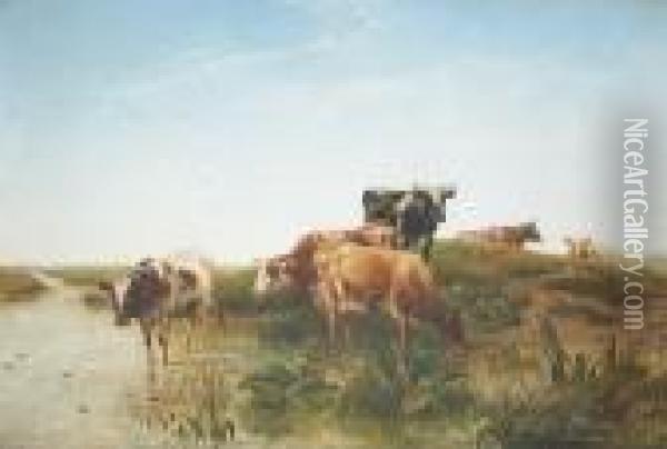 Cows Watering In An Extensive Landscape Oil Painting - Charles Jones