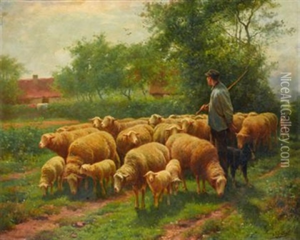 Sheep Herder With Flock Oil Painting - Frans De Beul