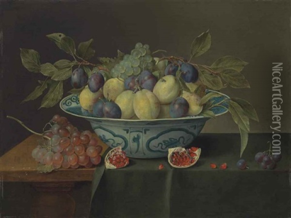Plums And Grapes In A Porcelain Bowl, With Slices Of A Pomegranate And Grapes On A Partially Draped, Wooden Table Oil Painting - Jacob van Hulsdonck