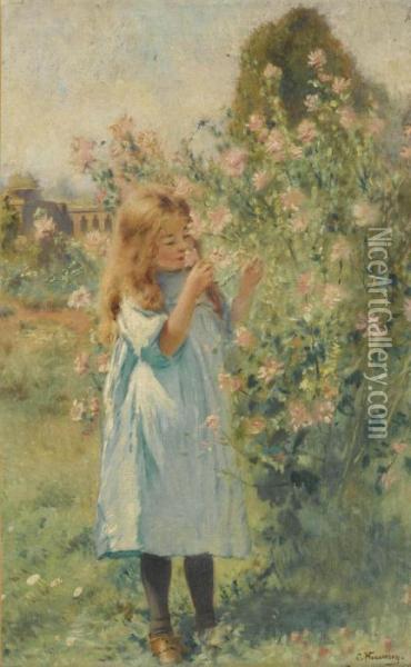 A Little Girl Smelling Mallow And Yarrow Oil Painting - Konstantin Egorovich Makovsky