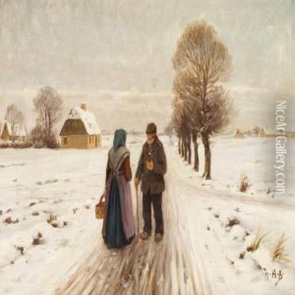 Winter Landscape With An Old Couple On A Road Oil Painting - H. A. Brendekilde