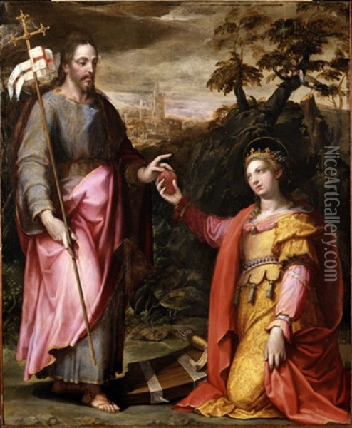 Cristo Risorto Dona Il Sacro Cuore A Santa Caterina D'alessandria Oil Painting - Giovanni Battista Ramenghi