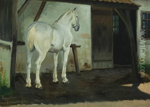 Courtyard With A White Horse By A Gateway Oil Painting - Simon Simonsen