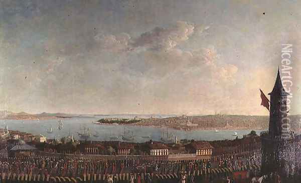 View of Constantinople with a procession of janissaries passing the Galata Tower Oil Painting - Jean Baptiste Vanmour