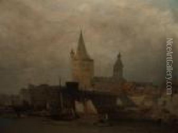 A Continental Riverside Town Oil Painting - William Callow