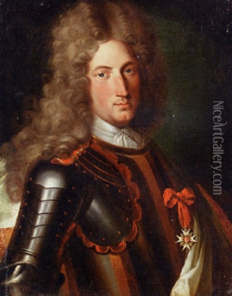 Portrait Of A Nobleman, Said To Be Marechal Tourrain, In Armour, Wearing A Lace Cravat, A Wig And The Star Of The Order Of The Garter Oil Painting - Pierre Mignard the Elder