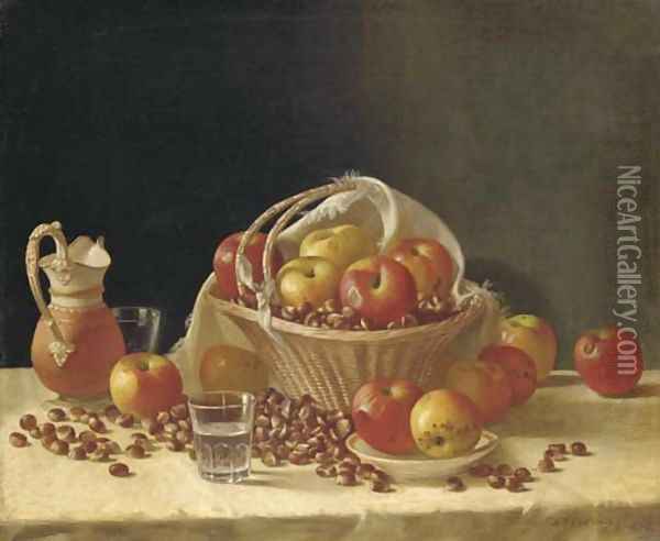 Still Life with Apples, a Basket and Chestnuts Oil Painting - John F Francis