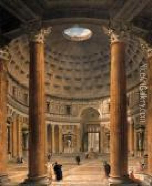 The Interior Of The Pantheon, 
Rome, Looking North From The Mainaltar Towards The Entrance, The Piazza 
Della Rotonda Beyond Oil Painting - Giovanni Niccolo Servandoni