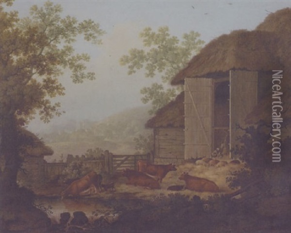 Cattle And Pigs Outside A Threshing Barn Oil Painting - James Lambert the Elder