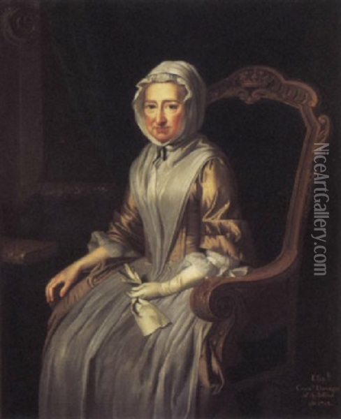 Portrait Of A Lady (elisabeth, Countess Dowager Of Aylesford?), In A Brown Satin Dress And White Headdress Oil Painting - William Hoare