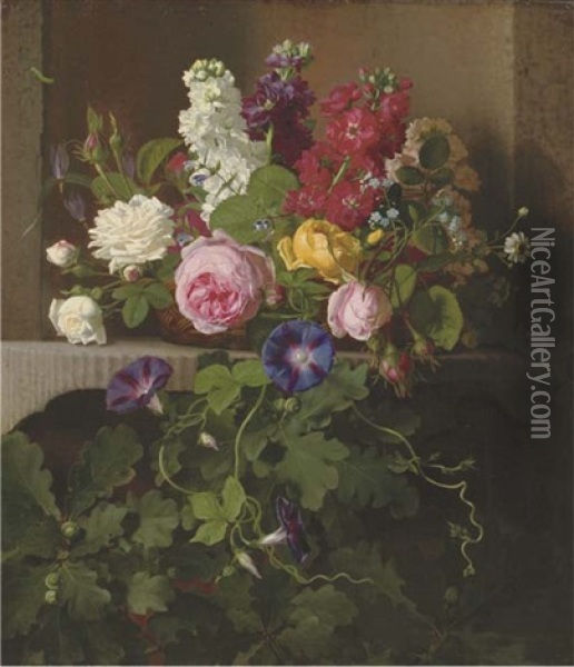 A Basket Of Flowers On A Ledge Oil Painting - Otto Didrik Ottesen