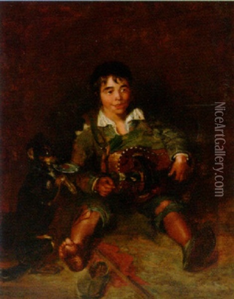 A Young Boy, Holding An Organ Grinder, With His Dog Oil Painting - Andrew Morton