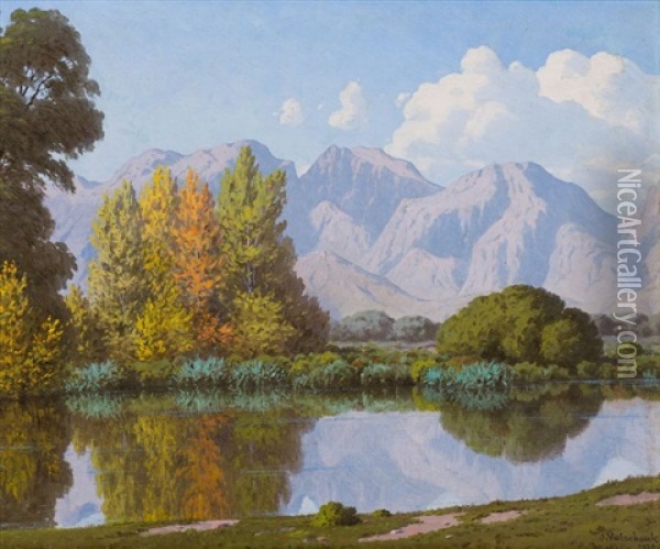 Nature Mirrors Drakenstein Mountains (paarl) Oil Painting - Jan Ernst Abraham Volschenk