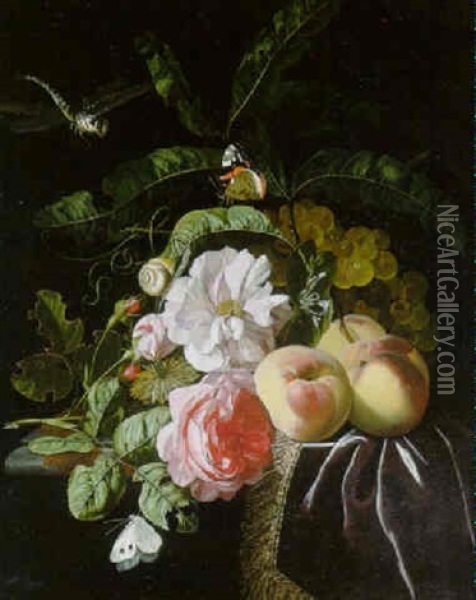 Flowers And Fruit On A Draped Ledge With A Dragonfly, Butterflies And A Snail Oil Painting - Isaac Denies