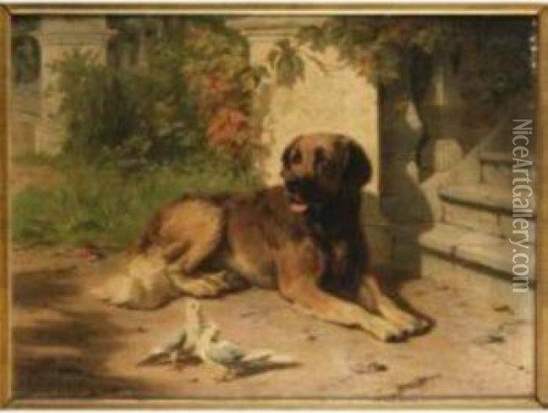 A Leonburger By The Steps Of A Country House Oil Painting - Conradyn Cunaeus